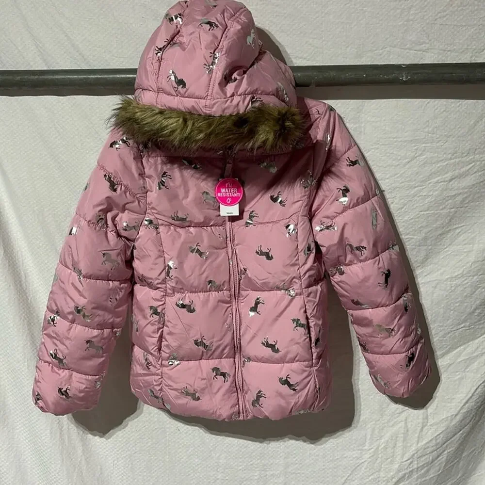 Children place L pink silver unicorn warm puffer coat hood faux fur trim NWT